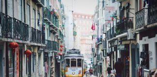 Tram in Lisbon's Baixa.